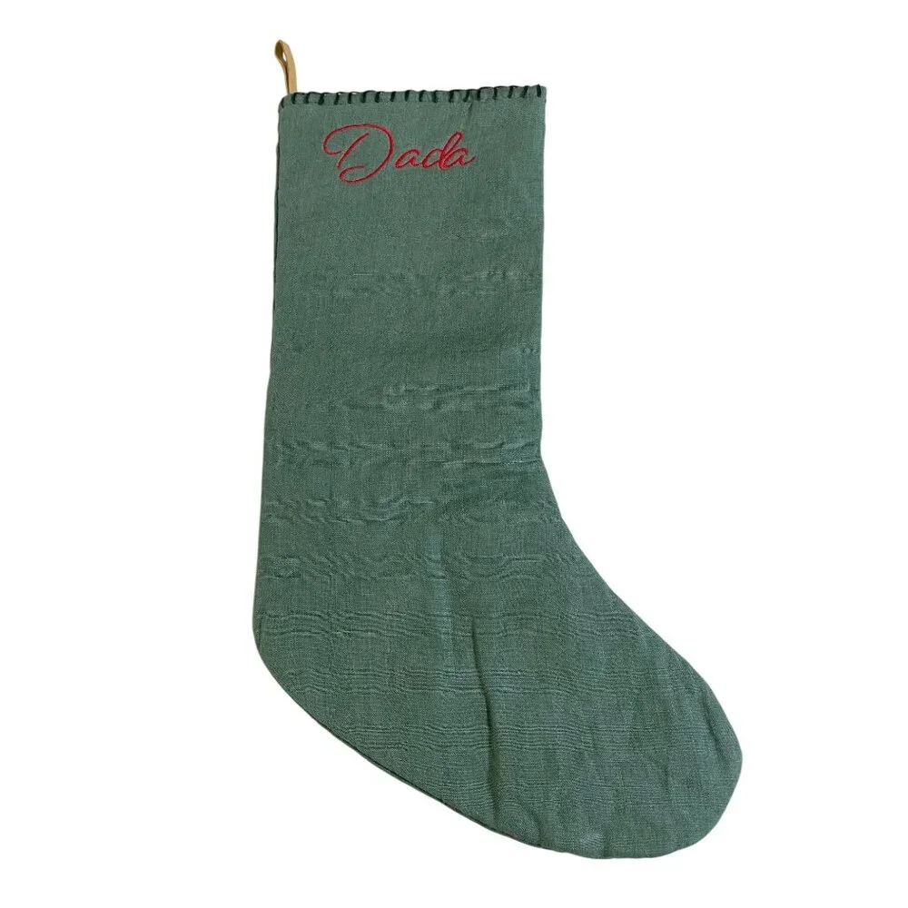 Crate &‎ Barrel Green Linen Christmas Stocking Red 